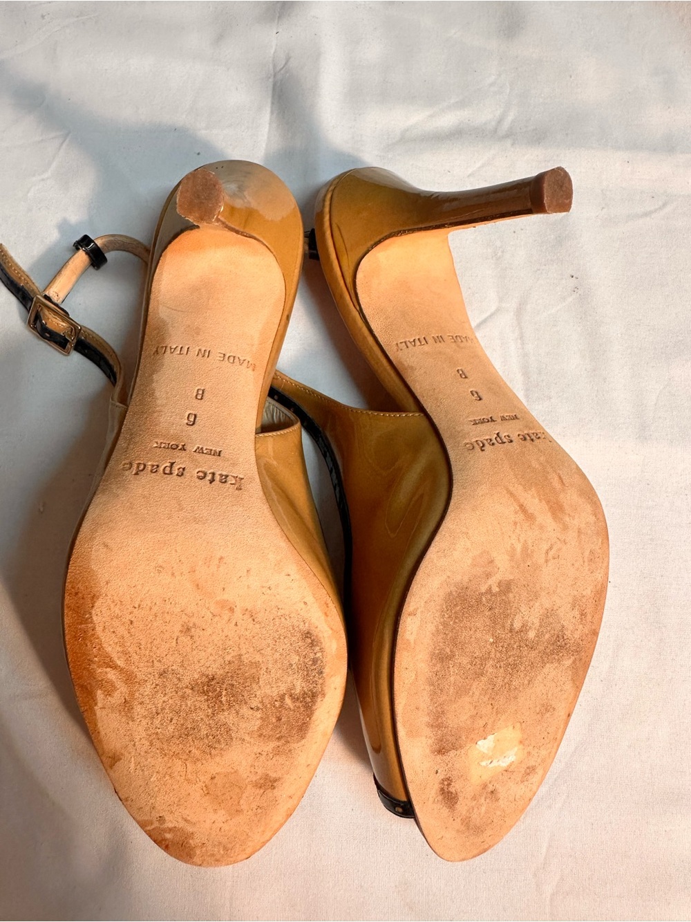 Kate Spade New York Patent Leather Slingback Heels Tan Black Peep Toe Size 6B - Picture 9 of 15